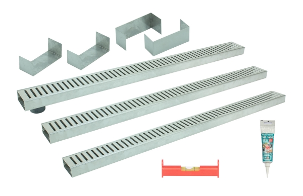 Entwässerungsrinnen Edelstahl superflach Rost Schlitzdesign SET Typ 3, System 35/80